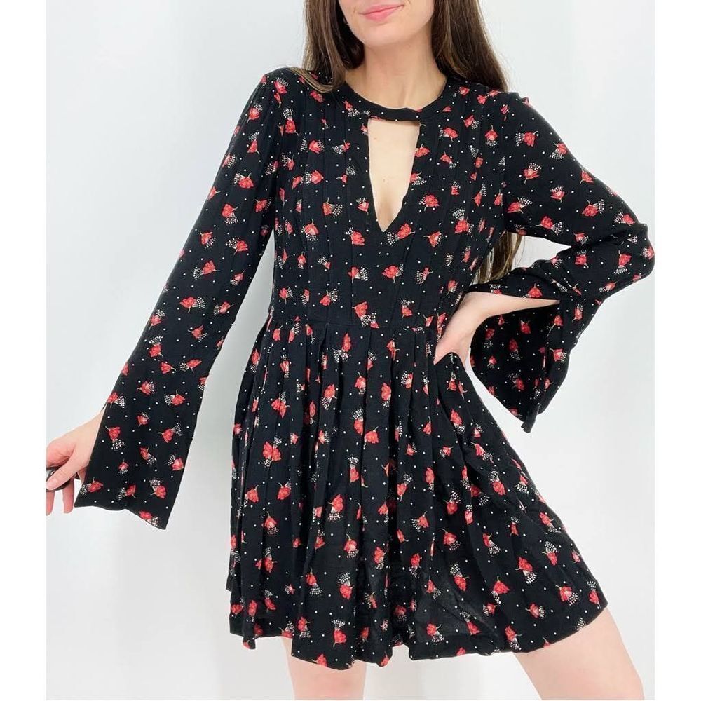 Free People Women’s Floral Tegan Printed Cutout Mini Dress Black Size 0 …